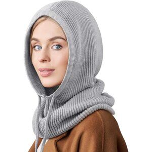 Women's Scarf Hat Balaclava Beanie Skull Cap with Drawstring Warm Hat Light Grey